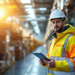 Ouvrier dans un entrepôt portant une veste ergonomique haute visibilité jaune fluo avec bandes réfléchissantes et casque, tenant un clipboard, entouré de rayonnages et palettes, lumière chaude de fin de journée traversant la poussière.