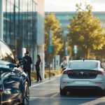 Employés en tenue professionnelle utilisant des voitures électriques partagées dans le parking d'une entreprise, avec des bornes de recharge et un bâtiment moderne en arrière-plan, éclairage doux du matin, ambiance naturelle et professionnelle.