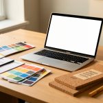 Bureau marketing professionnel avec brochures, nuancier de couleurs, ordinateur portable et matériaux écoresponsables, éclairage naturel et ambiance de travail.