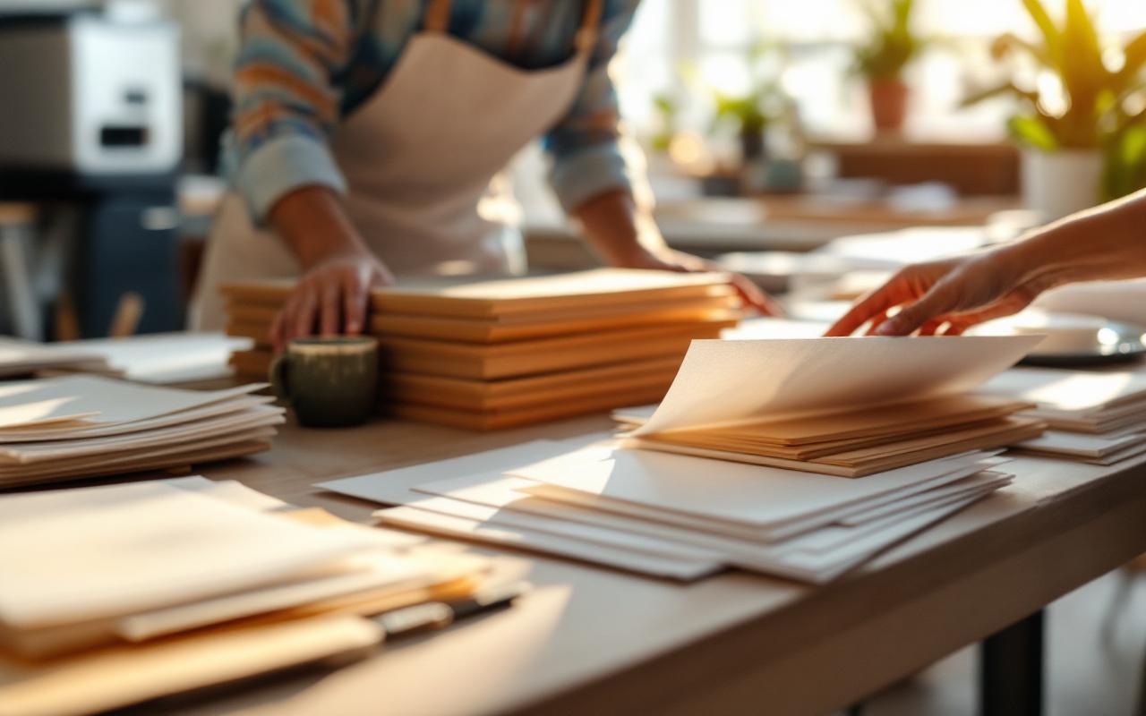 Comparaison en atelier d’impression responsable de feuilles de papier recyclé, papier coton et supports jet d’encre professionnels, examinés avec soin sur une table.