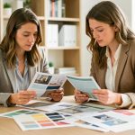 Deux femmes de l’équipe marketing examinent des brochures, des nuanciers et des maquettes imprimées sur une table en bois dans un bureau lumineux, avec une ambiance professionnelle et responsable.