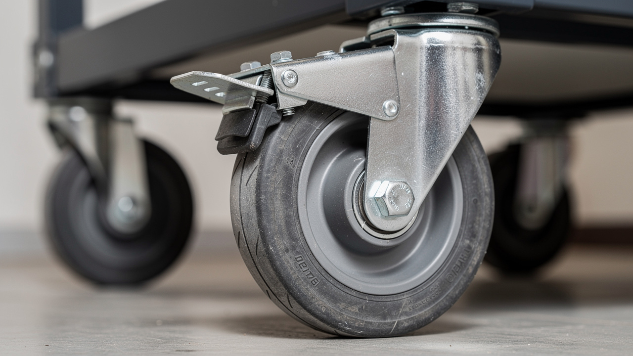 Gros plan sur des roulettes non tachantes avec frein, montées sur un chariot technique dans un établissement public.
