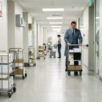 Couloir moderne et lumineux d’un établissement collectif, chariots utilitaires discrets alignés, personnel en mouvement assurant une ambiance propre et organisée.