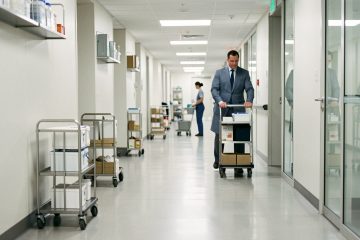 Couloir moderne et lumineux d’un établissement collectif, chariots utilitaires discrets alignés, personnel en mouvement assurant une ambiance propre et organisée.