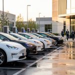 Parking d’entreprise moderne avec voitures électriques, bornes de recharge et collaborateurs marchant vers le bâtiment sous une lumière dorée.