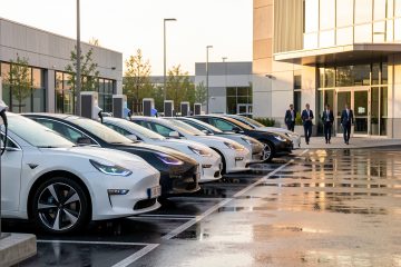 Parking d’entreprise moderne avec voitures électriques, bornes de recharge et collaborateurs marchant vers le bâtiment sous une lumière dorée.