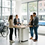 Trois salariés dans un bureau moderne et lumineux, avec des vélos, une voiture partagée et un tramway visibles dans un environnement professionnel.
