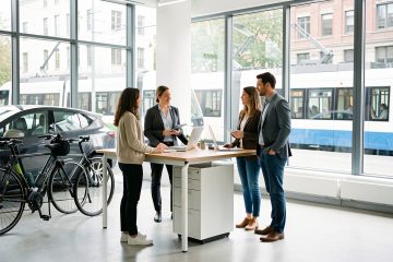 Trois salariés dans un bureau moderne et lumineux, avec des vélos, une voiture partagée et un tramway visibles dans un environnement professionnel.