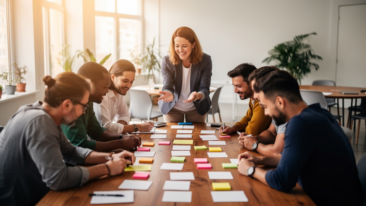 Petit groupe d’hommes et de femmes collaborant autour d’une table avec des cartes vierges et des post-it colorés, accompagné par une facilitatrice dans un espace contemporain.