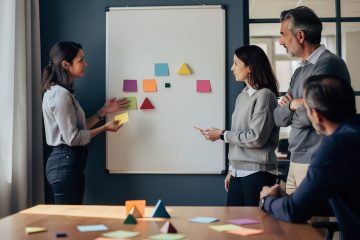 Équipe française composée de femmes et d’hommes réunie dans un bureau autour d’un tableau de planification vierge, dans une ambiance professionnelle et collaborative.