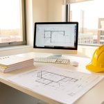 Bureau lumineux d’une entreprise du BTP avec plans techniques, ordinateur, dossiers organisés et casque de sécurité jaune sur un bureau.