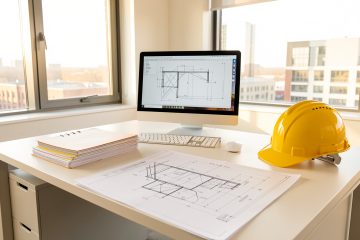 Bureau lumineux d’une entreprise du BTP avec plans techniques, ordinateur, dossiers organisés et casque de sécurité jaune sur un bureau.