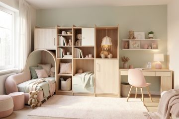 Chambre d’enfant lumineuse et évolutive avec rangements modulables, coin lecture, bureau compact et décoration douce aux tons pastel.