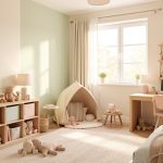 Chambre d’enfant lumineuse et bien organisée avec rangements bas, coin jeux, bureau et décoration aux tons pastel.