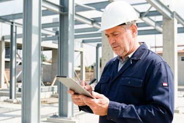 Un dirigeant du BTP en casque de sécurité analyse des prospects sur une tablette devant un chantier moderne baigné de lumière.