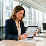 Une dirigeante analyse des données de consommation énergétique sur une tablette dans un bureau lumineux, avec un bâtiment professionnel visible en arrière-plan.