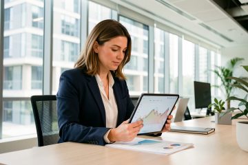 Une dirigeante analyse des données de consommation énergétique sur une tablette dans un bureau lumineux, avec un bâtiment professionnel visible en arrière-plan.
