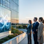 Deux hommes et une femme dirigeants observent un bâtiment tertiaire moderne depuis une terrasse paysagée, avec une visualisation énergétique abstraite et des panneaux photovoltaïques discrets au loin.