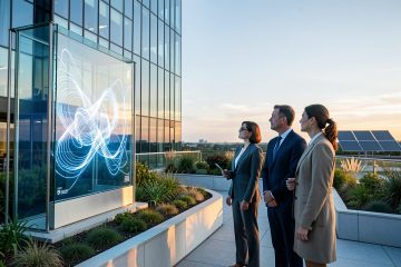 Deux hommes et une femme dirigeants observent un bâtiment tertiaire moderne depuis une terrasse paysagée, avec une visualisation énergétique abstraite et des panneaux photovoltaïques discrets au loin.