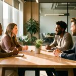 Deux femmes et deux hommes d’origines diverses échangent autour d’une table lumineuse dans un bureau moderne, dans une ambiance collaborative et naturelle.