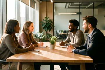 Deux femmes et deux hommes d’origines diverses échangent autour d’une table lumineuse dans un bureau moderne, dans une ambiance collaborative et naturelle.