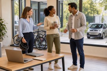 Deux femmes et un homme échangent dans un bureau moderne et lumineux, avec des vélos et une voiture électrique partagée illustrant les transports durables.