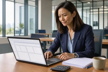 Une dirigeante analyse un tableau de trésorerie sur un ordinateur portable dans un bureau lumineux, entourée de documents et d’une calculatrice.