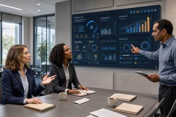 Réunion professionnelle réunissant une directrice marketing, une consultante d’agence et un spécialiste data devant un tableau de bord d’intelligence artificielle.